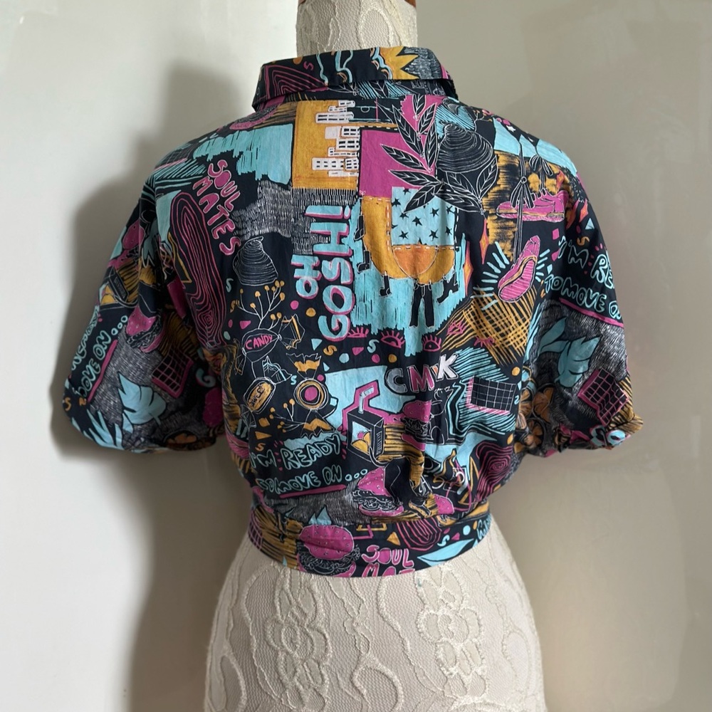 Zara Cropped Tie Front Graphic Button Down Shirt sz S - Picture 5 of 9